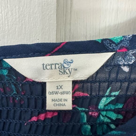 Terra & Sky Womens Top Plus‎ Size 1X Floral Elastic Stretch Peplum Blouse Sheer - Picture 2 of 9